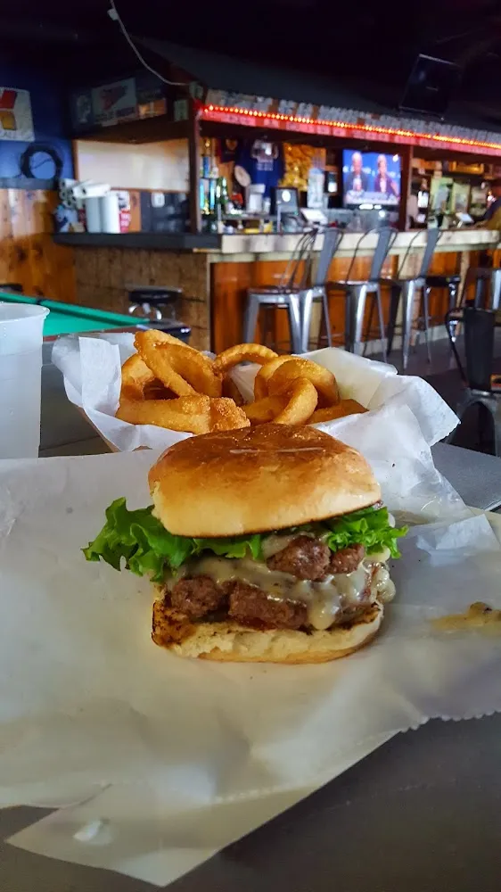 Cheese Burger with Pepper Jack Cheese & Onion Rings